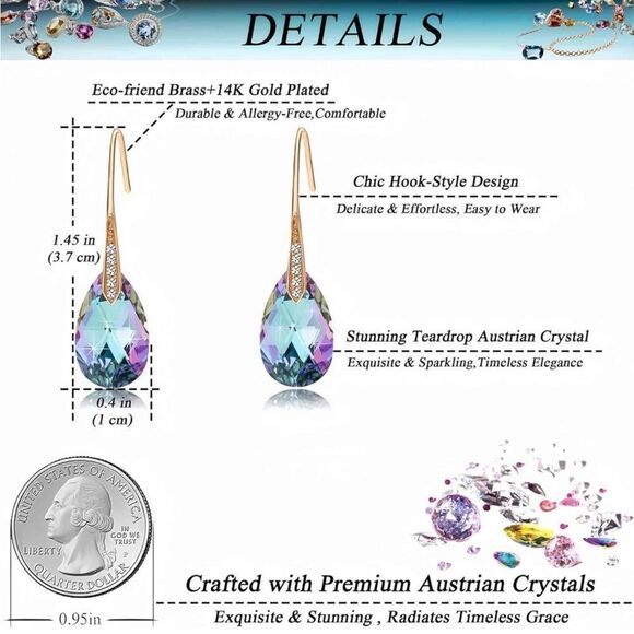 14K Yellow Gold with Vitrail Light Austrian Crystal Teardrop Drop Hook Earrings - Picture 6 of 6